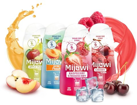 Mijuwi - Splash Bundle Mixed Sirup zuckerfrei & kalorienarm 4x48ml - Apple & Pear, Ice Tea Peach, Raspberry & Strawberry, Cherry - Getränkesirup für Wasser & mehr für bis zu 24l fruchtige Getränke