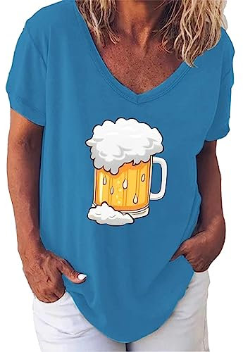 Top Only Damen Elegant Damen T Shirt mit Aufschrift Beer Festival Bedruckt V Ausschnitt kurzärmelig modisches T Shirt Tshirt Damen Sommer Sportshirt Kurzarm