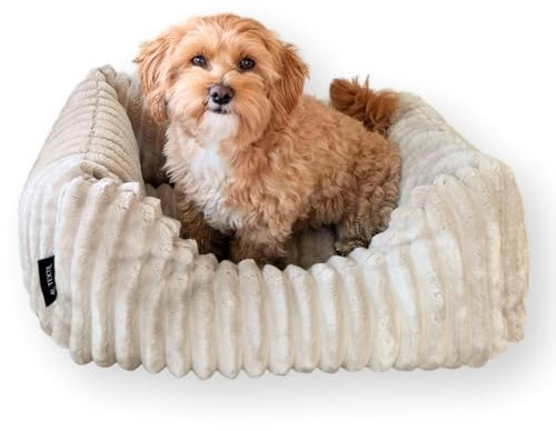 4L Textil Bella Plüsch-Hundebett Premium-LINE Kuscheliges Hundekörbchen aus Cord Katzenkorb Hundekorb für Welpen Hundebett flauschig Hundesofa kleine Hunde (Beige, 60x40 cm)