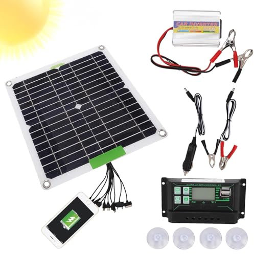 Kit solaire de 11,22 pouces, kit complet de panneaux solaires | Panneau solaire 50 W et système de conversion 220 W | Convertisseur d'énergie solaire DC 12 V AC 220 V avec port USB et lumière LED