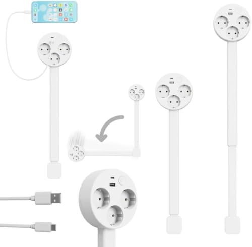 RPixc - Extensión trasera extensible para muebles giratorios, 2 enchufes de corriente + interfaz USB, A/USB, C, longitud ajustable, 47-67 cm