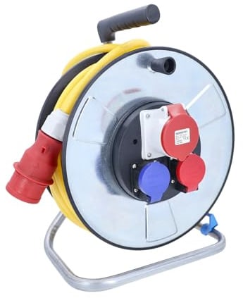 as - Schwabe CEE Kabeltrommel 25 m AT-N07V3V3-F 5G2,5 gelb, Außenbereich IP44, CEE-Stecker 16A 5-polig, CEE und SEV Steckdosen, Stahlblech, Thermoschutz, Made in Germany