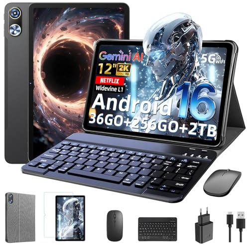 Raemond Tablet da 12 Pollici con tastiera｜ Android 16 con Gemini AI｜ 36GB RAM + 256GB ROM (2TB TF)｜2000 * 1200 Pantalla HD display 90Hz｜Octa-core Unisoc T7250｜ 8MP+20MP｜Face ID｜Widevine L1 (Grigio)