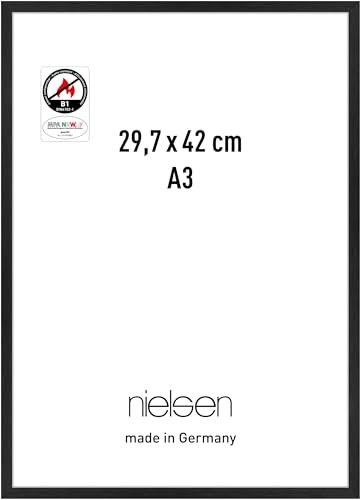 nielsen Bilderrahmen mit Brandschutz B1, 29,7 x 42 cm (A3), Aluminium, Schwarz matt, Posterrahmen zum Aufhängen im Hoch- & Querformat, Echtglas, C2-B1