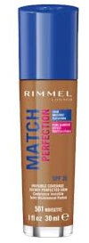 Rimmel Match Perfection Foundation 501 Noisette, Medium Coverage, 24hr Hydration, No Caking or Creasing, Lightweight, Reduces Imperfections, Invisible Coverage, SPF20, Cruelty Free