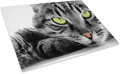 Grey Cat Green Eyes Black Glass Chopping Board Kitchen Worktop Saver Protector