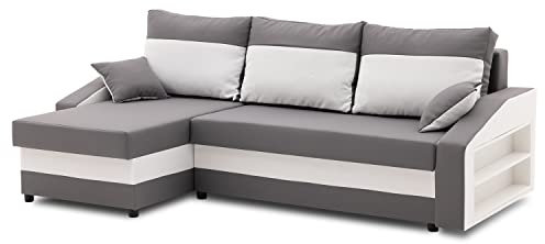 Sofini Ecksofa Hewlet mit Regal und Schlaffunktion! Best ECKSOFA! Eckcouch mit Bettkasten! (Haiti 14+ Haiti 0- Regal rechts)