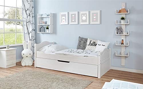 TiCAA Einzelbett Gästebett, Funktionsbett für Schlafzimmer, Kinderzimmer mit Zusatzbett Ausziehfunktion teilbar in Zwei Einzelbetten, Zwei Liegeflächen aus Kiefer Massivholz Bettgestell 100 x 200