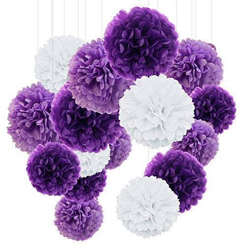 O-Kinee Pompon in Carta Velina, 24 Pezzi Viola Pompon, Ponpon Decorativo Palla Fiore per Il Compleanno Decorazione della Festa Nuziale - Viola, Lavanda e Bianco