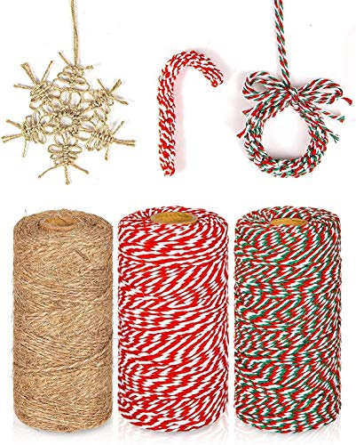 KAHEIGN 3Pcs Weihnachts-Garn Weihnachten Juteschnur und Baumwollschnur, 100m Rot Weiß Grün Bastelschnur für Geschenkverpackungen und Weihnachten Basteln