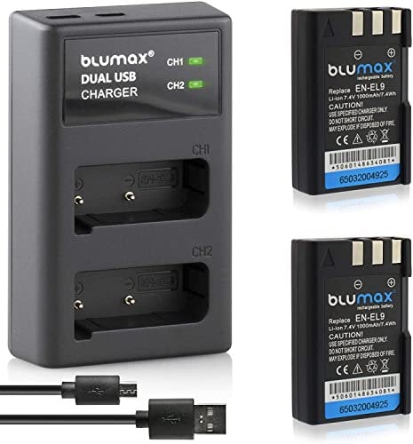 Blumax Battery for Nikon EN-EL9 / EN-EL9e / EN-EL9a 1000 mAh + Dual USB Charger Compatible with Nikon D3000, D40, D40x, D5000, D60, D 3000, D 40, D 40x, D 5000, D 60