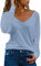 Dokotoo Damen Oberteile Himmelblau Streifen Mesh Langarmshirt Casual V-Ausschnitt Bluse Shirt Tops Medium