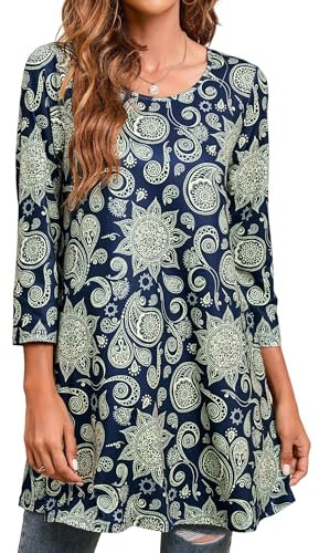Enmain Women Tunic Tops UK Loose Longline Tunics for Womens Three Quarter Sleeve Casual Ladies Tops Dressy for Leggings Plus Size for Autumn Winter Blue XL