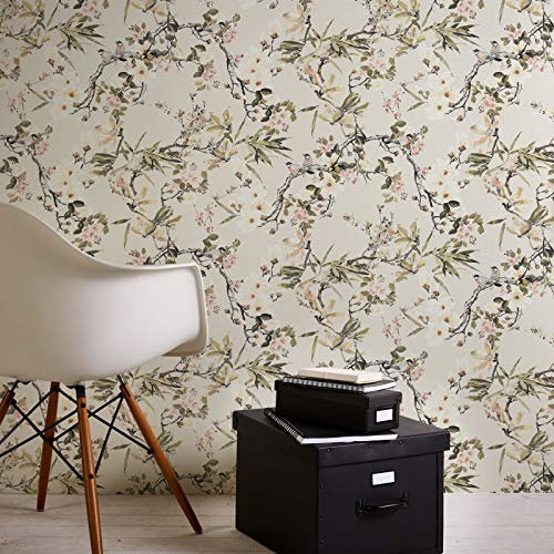 Papier peint motif cerisier japonais beige & vert | Tapisserie fleurie style japonaise pour chambre | Papier peint fleurs & oiseaux vintage
