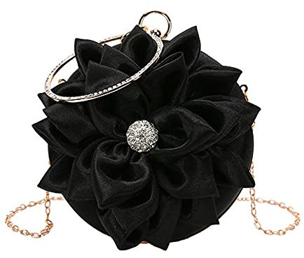 MEGAUK Borsa da sera da donna, in raso, con rosa, mini borsa da polso, per matrimoni, feste, telefono cellulare, 06078 Nero, taglia unica