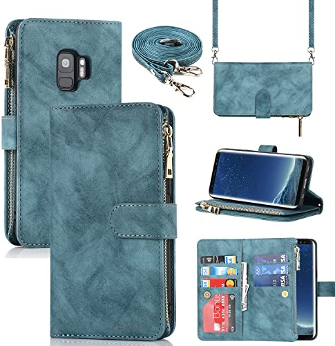 CAVOR Handykette Handyhülle Kompatibel mit Samsung S9 Hülle Mit Band,Flip Leder Geldbörse Handyhülle,[9 Kartenfach],Klapphülle Handyhülle Kompatibel mit Samsung Galaxy S9 - Hellblau
