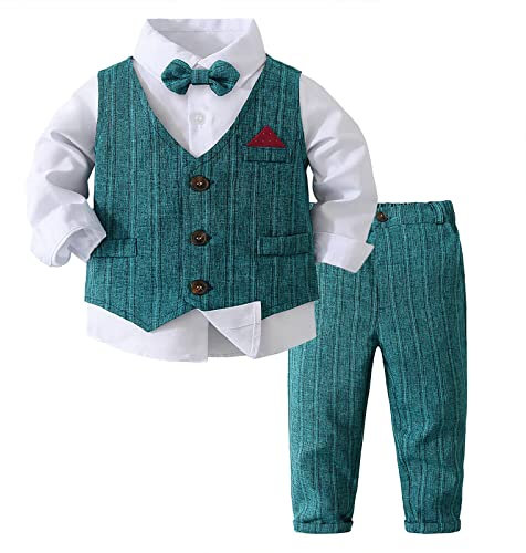 Volunboy Completo Elegante Bambino Camicie + Papillon + Gilet + Pantaloni, Ragazzo Abbigliamento 4 Pezzi Gentleman Cerimonia Nozze(18-24 mesi,Verde,Taglia 90)
