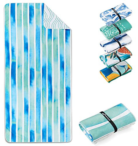 Fit-Flip Strandtuch XXL - Mikrofaser Badetuch - Strandtücher leicht und schnelltrocknend - 100% recyceltes Mikrofaser Handtuch - Strandhandtuch zum Baden (Aquarell Stripes 160x90cm)