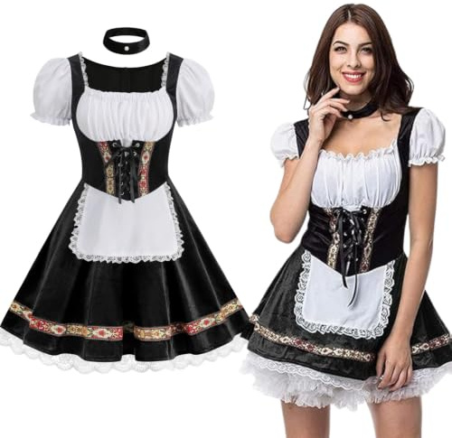 Womens Oktoberfest Costume Puff Sleeve Velvet Dirndl | Foral Embroidery Bavarian Dress with Lace Trim, Apron & Choker