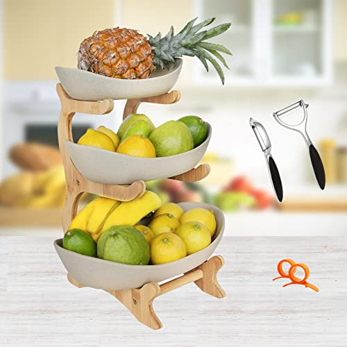 AOOGON TonKeramik Obst Etagere Obstschale 3 Stöckig Porzellan Obstteller 3 Etagen mit Natürlichem Bambus Ständer Servierteller für Obst, Kuchen, Süßigkeiten