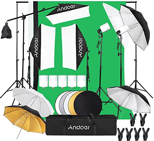 Andoer Studio Softbox Set 2x3M Hintergrundsystem mit 40W 5500K Fotolampe, DREI 50x70cm Softboxen, fünf Fhotoschirm, 2M verstellbares Lichtstativ, für Produkt Portrait grafie und Video Fhotografie