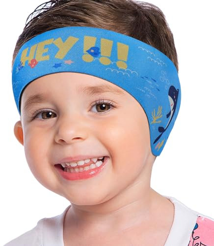 MoKo Schwimmen Stirnband, Neopren Schwimmband Ohrenband Wasserdichtes Kopfband Haarband mit Hohe Elastizität und Klettverschluss Ohrenschutz Band für Kinder Alter 1-2, S Größe - Hellblau & Hai