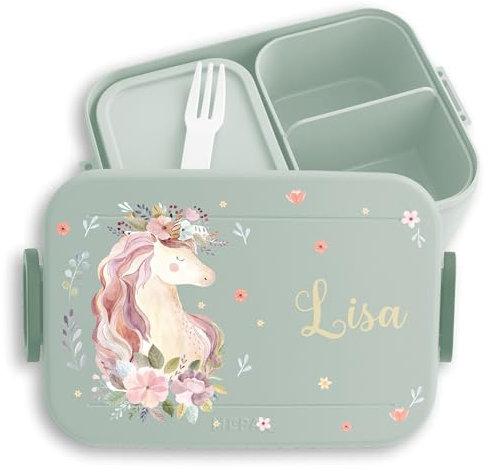 Kinder Bento Box Midi Lunchbox für Mepal Bentobox - Einhörner - Einhorn Geschenk Mädchen Schule I Kindergarten mit Name - 900 ml - Sage Grün - einhorn-bento-box personalisierte brotboxen unicorn