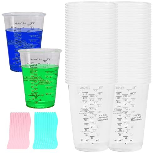 BAIFULAI 50 Stück Messbecher Epoxidharz, 240 ml Mischbecher Set mit 20 Stück Mischstäbchen, Kunststoff-Messbecher Klein, FarbMischbecher, Lackmischbecher für Flüssigkeiten, Mischen von Harz, Farbe