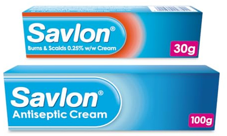 Savlon Burns & Scalds 0.25% w/w Cream (1 x 30g) & Savlon Antiseptic Cream (1 x 100g), Fast-Acting Relief, Soothing, Healing, Reduces Swelling and Discomfort, Essential First Aid Bundle (Pack of 2)
