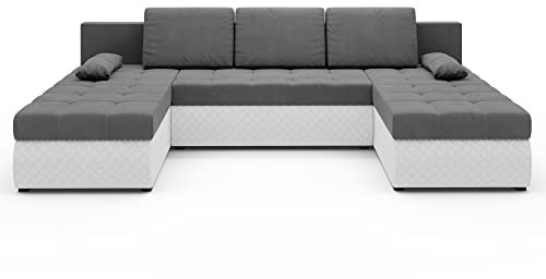 roe furniture Ecksofa mit Schlaffunktion 285x150x94 cm - Wohnlandschaft U Form - Kollektion Bolt U - Sofa U Form - Eckcouch mit Bettkassen - Grau & Weiß