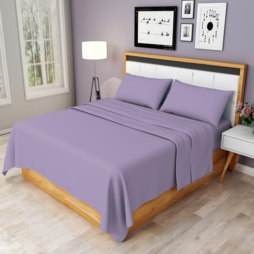 HOME ACE Lilac Double Bed Sheet Set - Easy Care 4 Pieces Poly Cotton Sheet Set Double Size (Flat Sheet + Fitted Sheet + 2 Pillowcases) - Soft Wrinkle Resistant Bedding Set