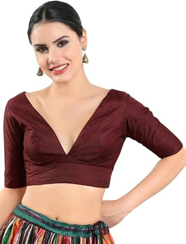 Dupion Silk Solid Non Padded Saree Blouse Top V-Neck Short Sleeves Hook and Eye Closure and Tie-Up Back Choli Dark Maroon