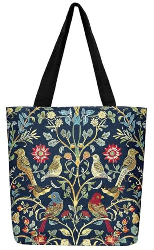 Loussiesd Vintage Floral Leinwand Einkaufstasche Retro Bohemian Vögel Stoffbeutel für Frauen Blume Geometrisch Tragetasche Vier Jahreszeiten