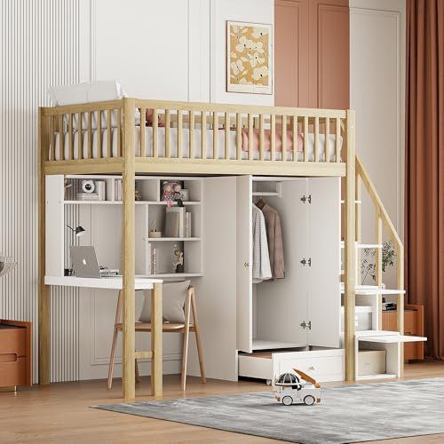 YESGIGA Hochbett 90 x 200 mit großem Kleiderschrank Regal und Tisch, Stauraum Treppe Mehrzweckbetteinheit Holzbettgestell (Weiß+Holzfarbe)