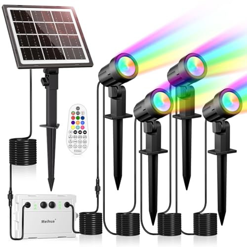 MEIHUA Solar Strahler RGB mit Fernbedienung IP66 Wasserdichte 10 Farben 30 Zyklus-Modi Gartenbeleuchtung Bunt Timer Gartenleuchte für Außen für Gärten Pfad Weihnachtstag Dekoration 4 Stück