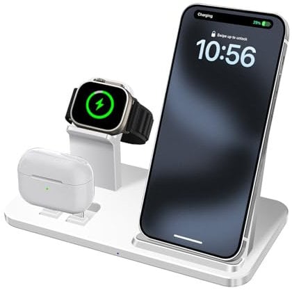 3 in 1 Wireless Charger Charging Station 15W Fast Charge Stand for iPhone 16 15 14 13 12 11 Pro Max XS XR 8 Plus,AirPods Pro2/Pro/4/3/2/1,Apple Watch Series 10/Ultra 2/9/8/7/6/SE/5/4/3/2,White