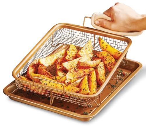 Non Stick Baking Trays for Oven & Airfryer | 2 Pc Copper Tray and Basket for Cooking Meat, Chips, Seafood, Cakes, Cookies