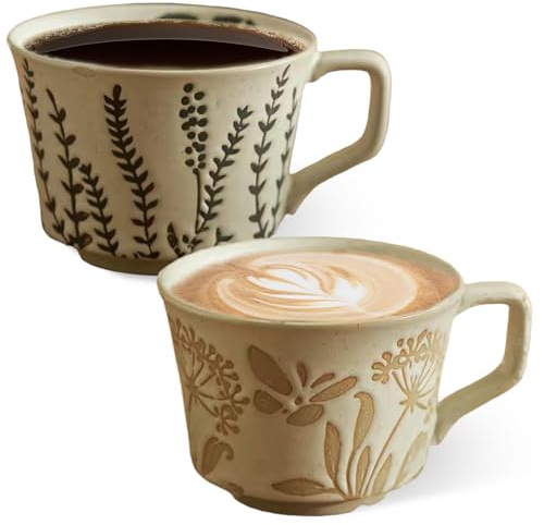 Set di 2 tazze da caffè da 350 ml, in ceramica, realizzate a mano, con manico, tazze da tè in stile retrò, lavabili in lavastoviglie, a prova di microonde, per il latte per tè