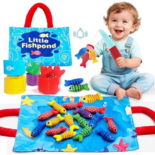 DQMOON Montessori Spielzeug ab 1 2 Jahr, Stoff Angelspiel für Kinder ab 6 12 Monte, Lernspiele, Motorikspielzeug, Baby Spielzeug Fische Angeln Spiel - Kleinkinder Geschenke Geburtstag Jungen Mädchen