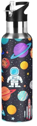 Colorful Planets - Borraccia termica in acciaio inox nero, 590 ml, senza BPA, per sport, a prova di perdite