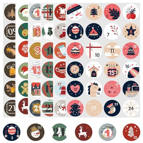 JEKRWNOY Adventskalender Zahlen Aufkleber,1-24 Adventskalender Aufkleber,Klebezahlen Selbstklebend Etiketten Basteln Weihnachten,Rund Zahlenaufkleber Nummern