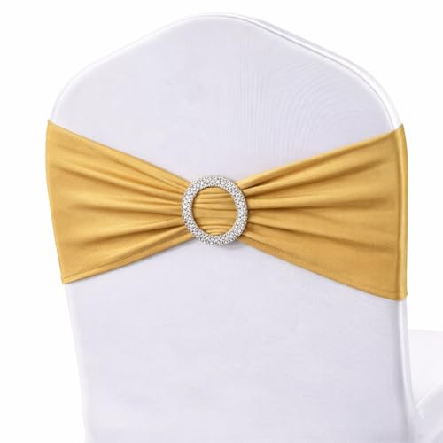 Cosmo Celebrations® 25 Stück Elastische Stuhlschärpen mit Schnalle & Schleife – Spandex Stretch Stuhl-Schleifen für Geburtstag, Hochzeit, Bankett & Event Deko (Gold)