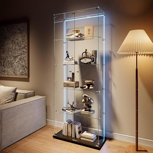 Glasvitrine Standvitrine mit LED-Streifen,187.3x77x39cm,5 Lagen Glas Holz Vitrine mit 2 Türen und Schloss, Sammlervitrine Vitrinenschrank aus Gehärtetes Glas, Glasvitrine Stehend für Wohnzimmer