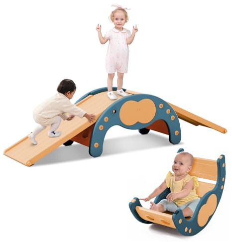 FUKEA 3 in 1 Toddler Climbing Frame with Slide Indoor Montessori Climber Playset and Rocker Toys for Kids Indoor Outdoor Garden Playground（Orange，2 panel）