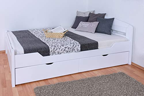 Einzelbett/Gästebett Easy Premium Line K5, inkl. 2 Schubladen und 1 Abdeckblende, 140 x 200 cm Buche Vollholz massiv weiß lackiert, inkl. Lattenrost