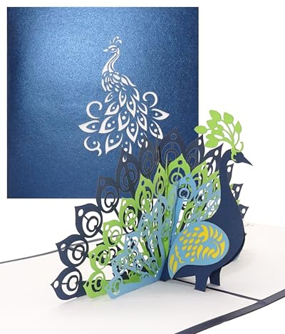 Pop Up Karte „Pfau – Pfauenfedern“ - Geburtstagskarte & Hochzeitskarte - edle Pfauen Glückwunschkarte, 3D Karten zu Hochzeit & Geburtstag - Einladungskarten mit Umschlag