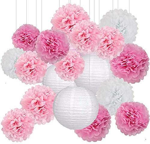 Sunshine smile 18er Set Seidenpapier Pompoms Deko Hochzeit,Seidenpapier Pompoms Blumen,Papierblumen Pompons,Hochzeit deko Pompoms,Laternen Wabenbälle,mit 2 Papierlaterne