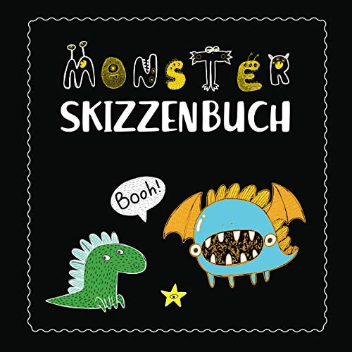 Monster Skizzenbuch | Black Pages | Schwarzes Papier: Skizzenbuch Schwarz | 8.5 x 8.5 Zoll Quadratisch 72 Schwarze Seiten| Kinder Notizbuch Schwarze ... Quadratisch Schönes Geschenk für Jungen
