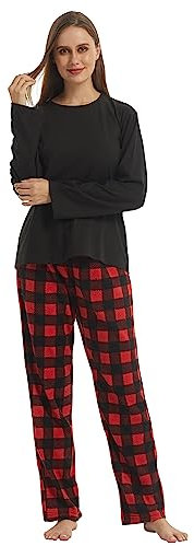 LNFINTDO Pigiama da donna in pile con top a maniche lunghe e pantaloni pigiama a quadri morbidi indumenti da notte per il tempo libero caldo set 2 pezzi, Nero + rosso, S