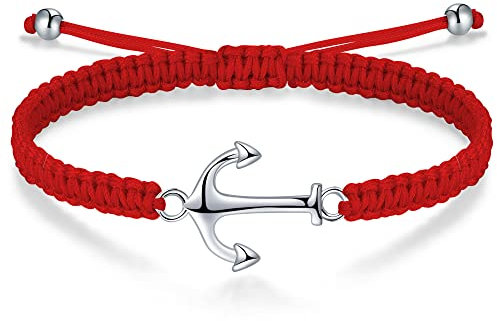 J.Endéar Bracelet Ancre pour Femmes Hommes Argent 925 Bracelet Cordon Tressé Bijoux Mer Eté Amour Amitié Cadeau, Rouge